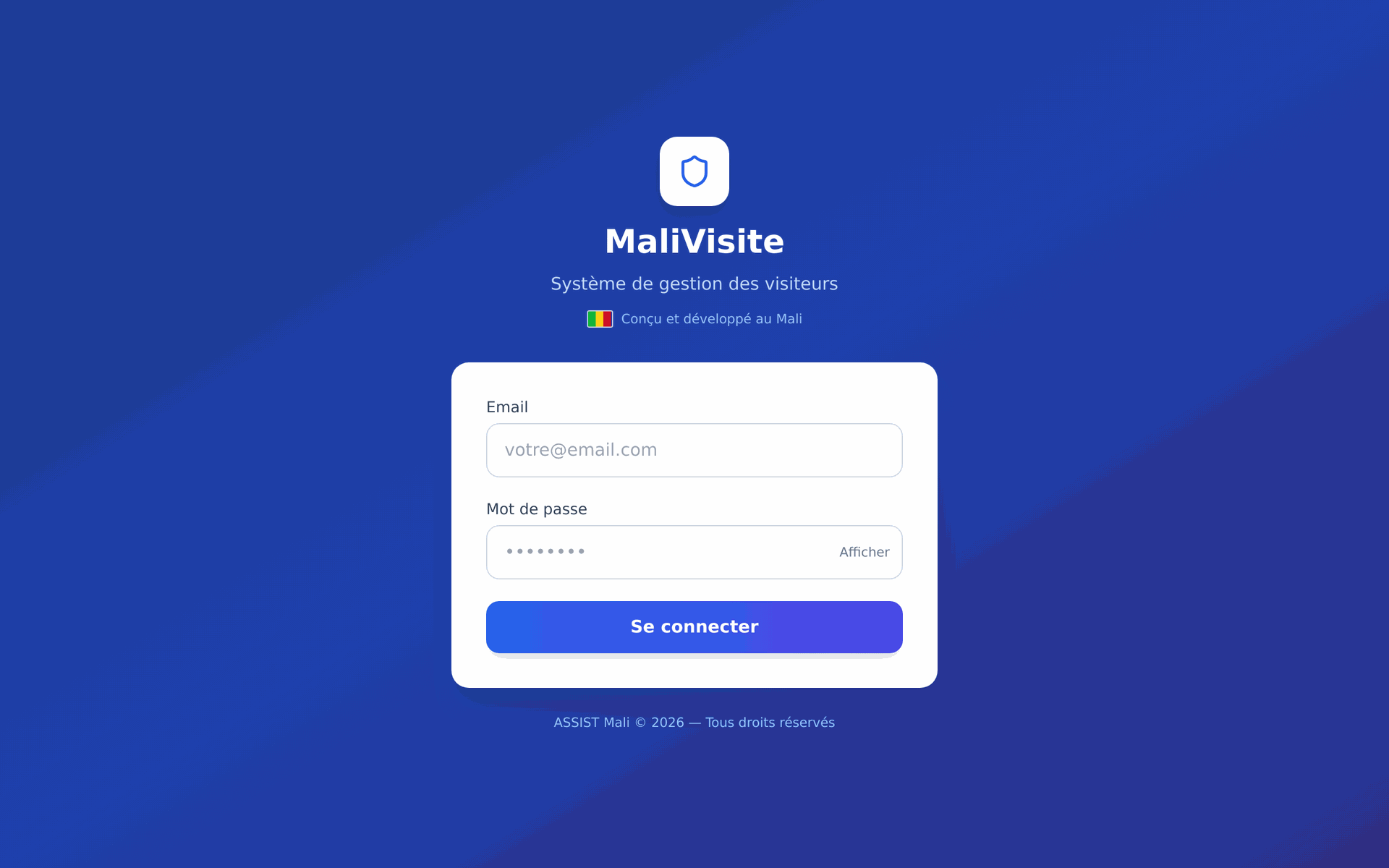 Écran de connexion de l'application Mali-Visite